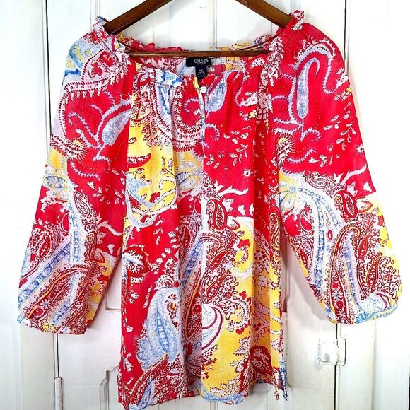 Chaps Colorful Sheer Paisley Peasant Boho Bohemian Blouse Sz XS - Picture 2 of 13